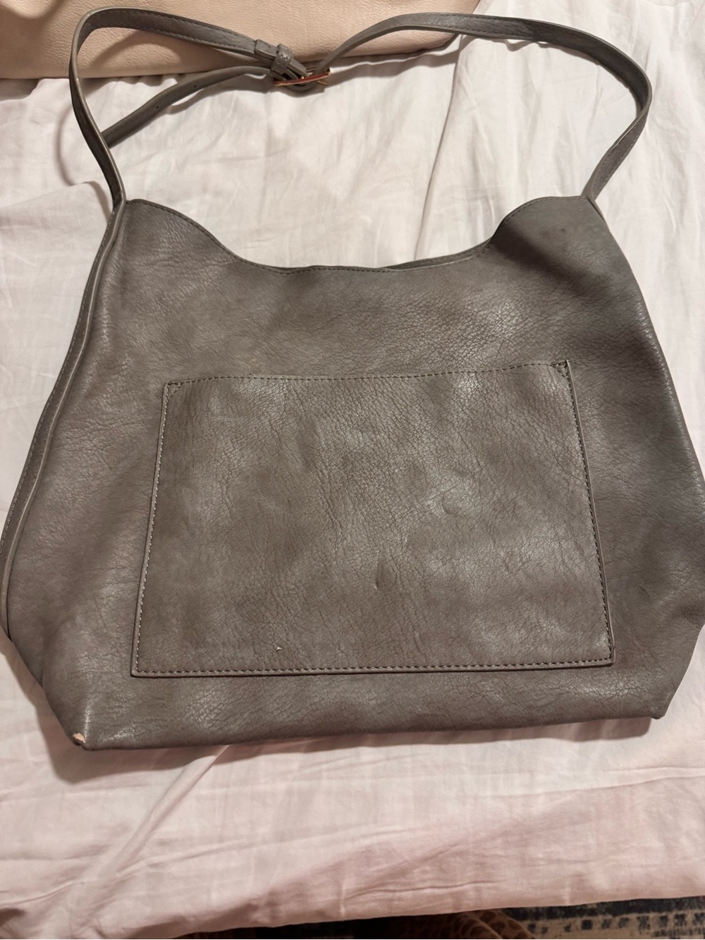 Grey Leather Shoulder Bag - Minimal Women's Tote